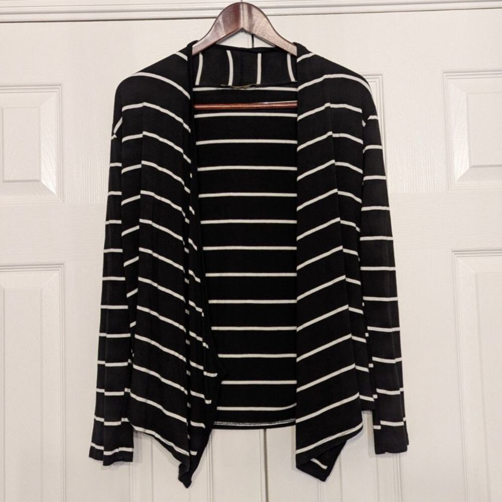 Finn & Clover Black White Striped Open Front Draped Cardigan Blouse Size Medium